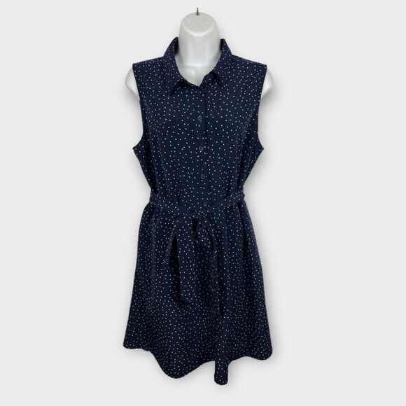 Popsugar Blue and White Collared Polka Dot Button Front Sleeveless Dress Medium - Picture 1 of 9
